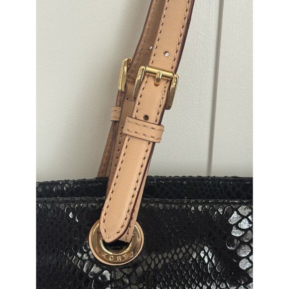 EUC Michael Kors Shiny Black Leather Snakeskin Shoulder Bag Gold Lining - Picture 5 of 16